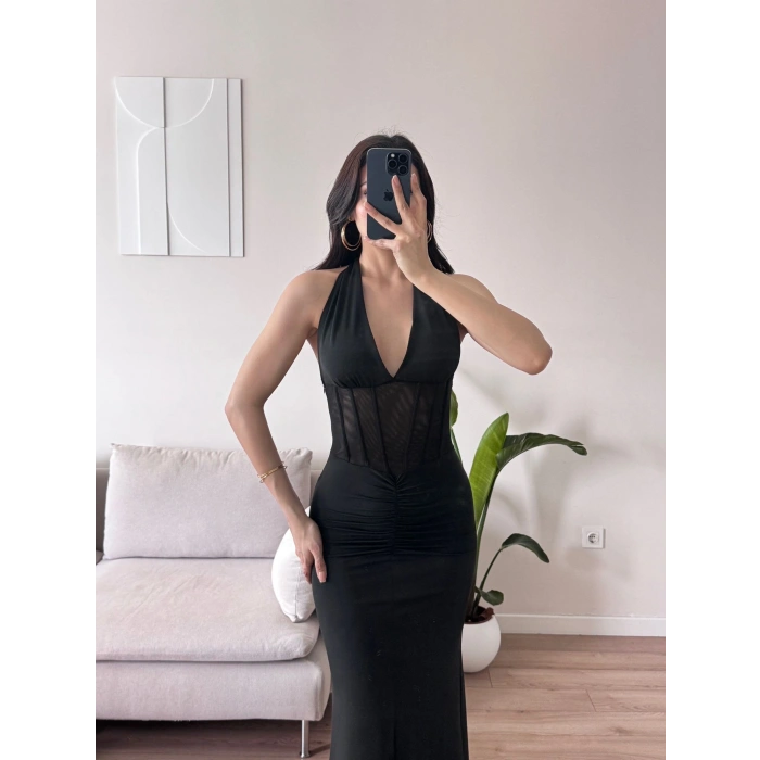 Bel Korse Maxi Elbise - SİYAH