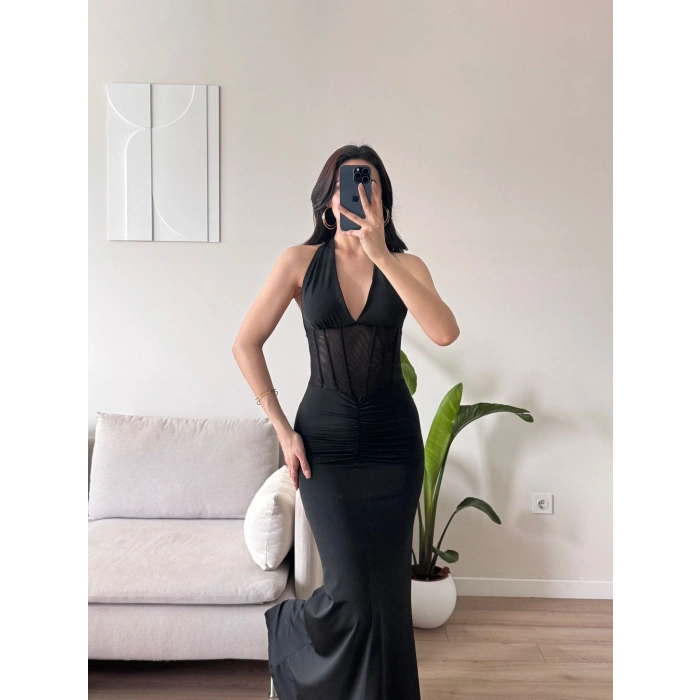 Bel Korse Maxi Elbise - SİYAH