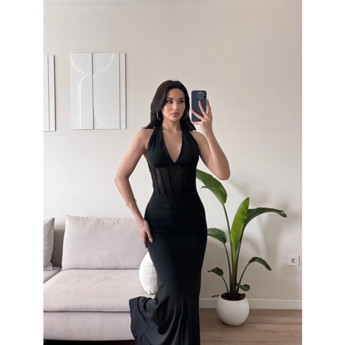 Bel Korse Maxi Elbise - SİYAH