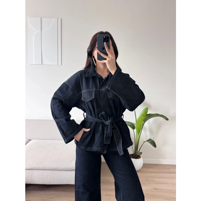 Çift Renk Denim Kuşaklı İkili Takım