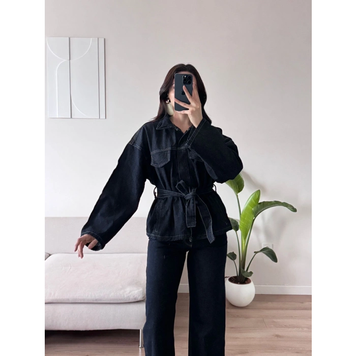 Çift Renk Denim Kuşaklı İkili Takım
