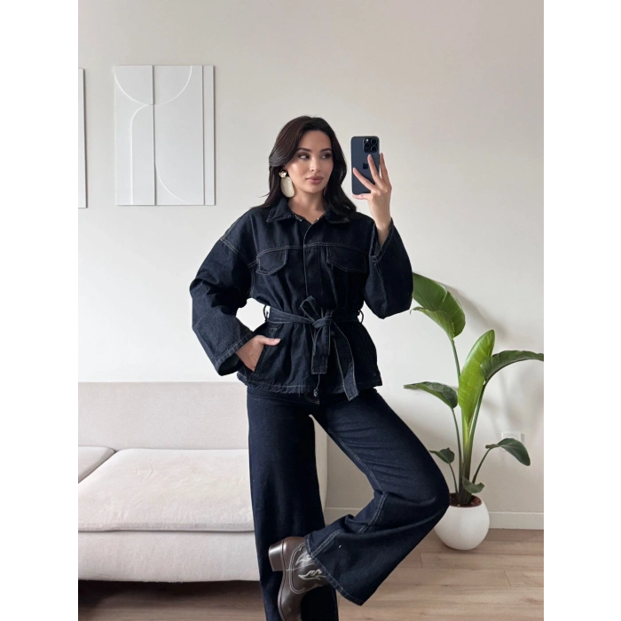 Çift Renk Denim Kuşaklı İkili Takım