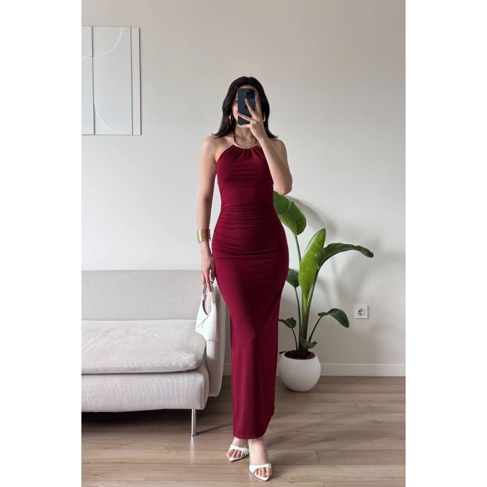Halter Yaka Aksesuarlı Elbise - BORDO
