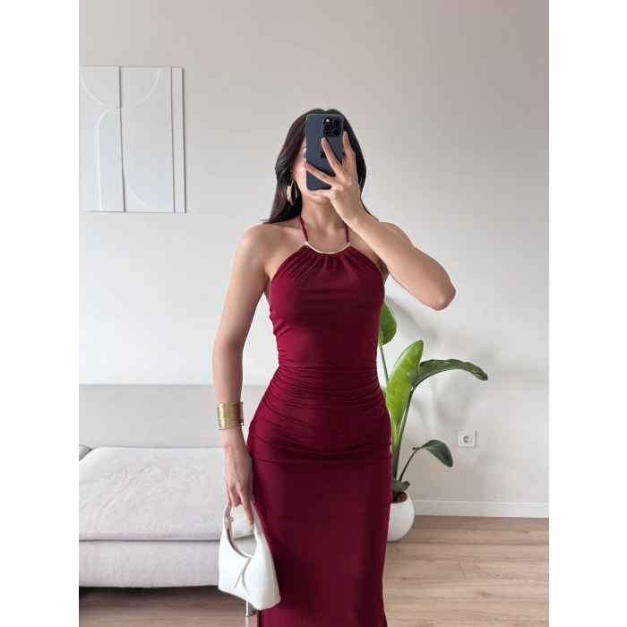 Halter Yaka Aksesuarlı Elbise - BORDO