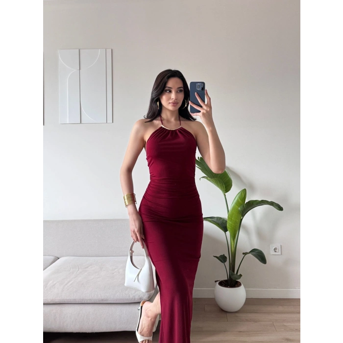 Halter Yaka Aksesuarlı Elbise - BORDO