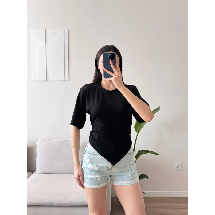 Bel Bağlamalı Korse Tshirt - SİYAH