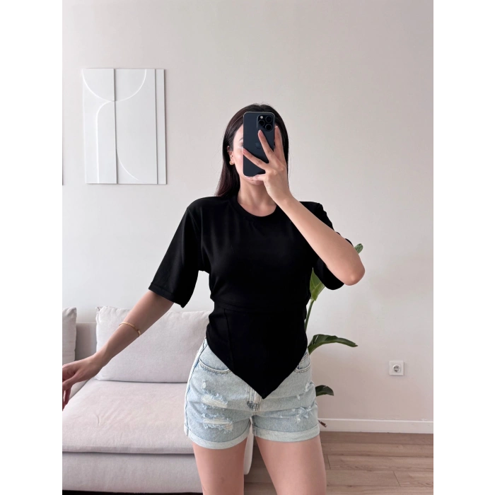Bel Bağlamalı Korse Tshirt - SİYAH