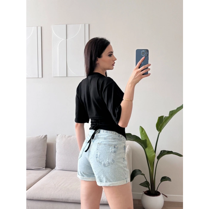 Bel Bağlamalı Korse Tshirt - SİYAH