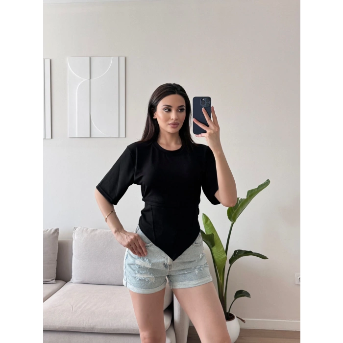 Bel Bağlamalı Korse Tshirt - SİYAH