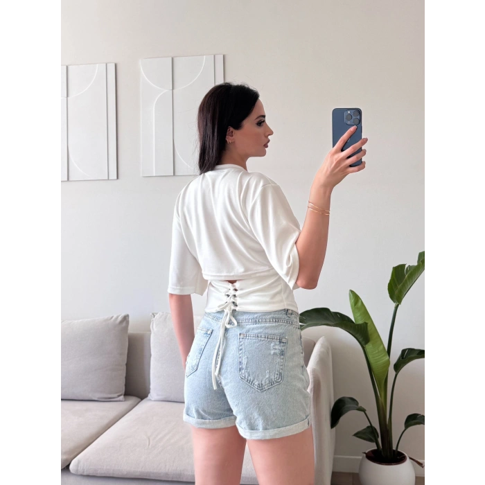 Bel Bağlamalı Korse Tshirt - BEYAZ