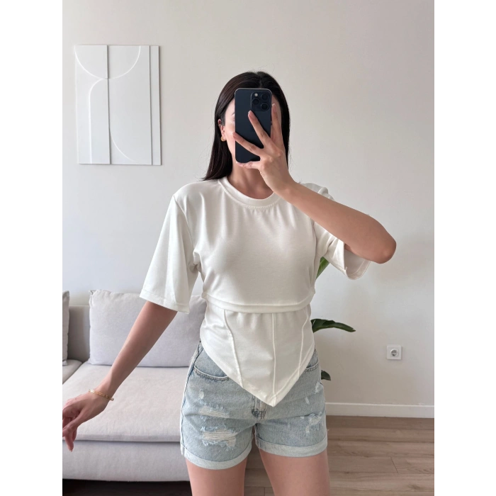 Bel Bağlamalı Korse Tshirt - BEYAZ
