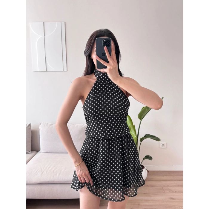 Halter Puantiyeli Mini Elbise - SİYAH