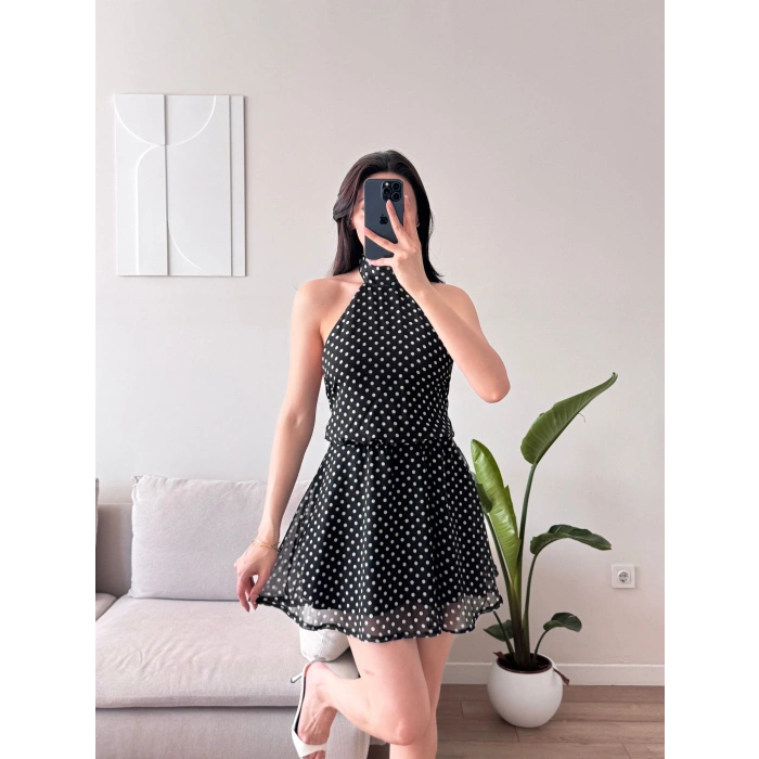 Halter Puantiyeli Mini Elbise - SİYAH