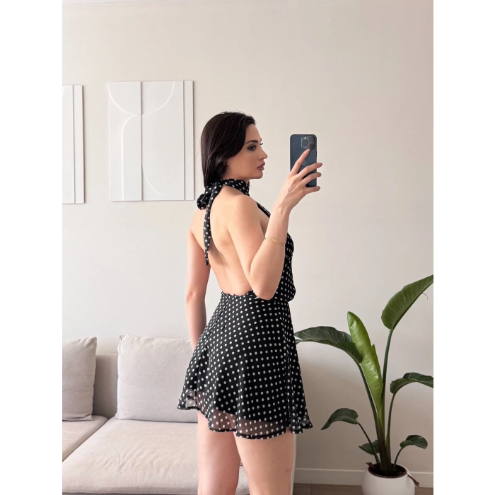 Halter Puantiyeli Mini Elbise - SİYAH