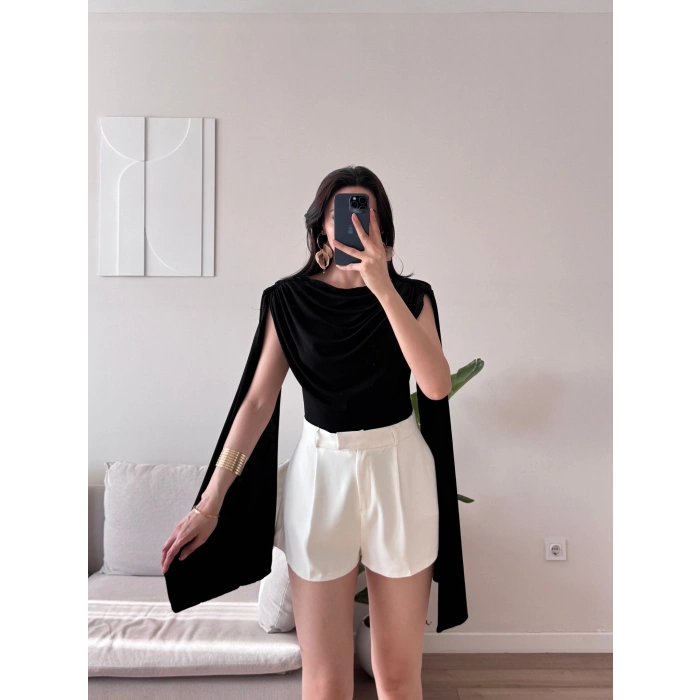 Drapeli Pelerin Bodysuit - SİYAH