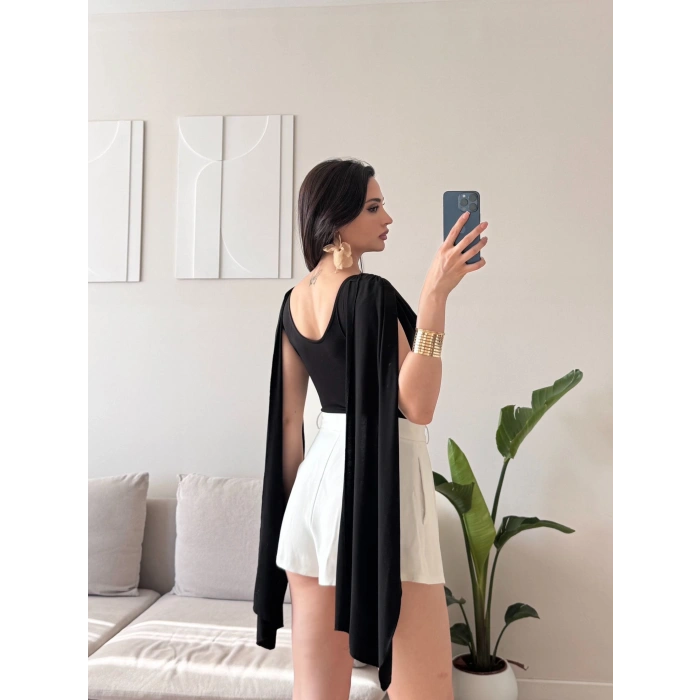 Drapeli Pelerin Bodysuit - SİYAH