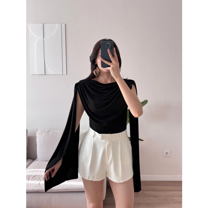 Drapeli Pelerin Bodysuit - SİYAH