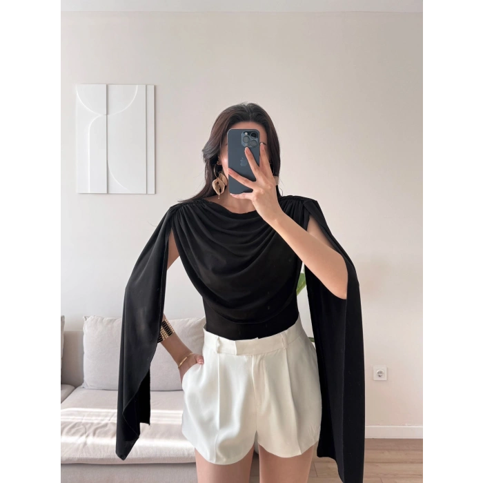 Drapeli Pelerin Bodysuit - SİYAH