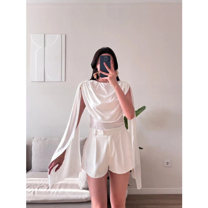Drapeli Pelerin Bodysuit - BEYAZ