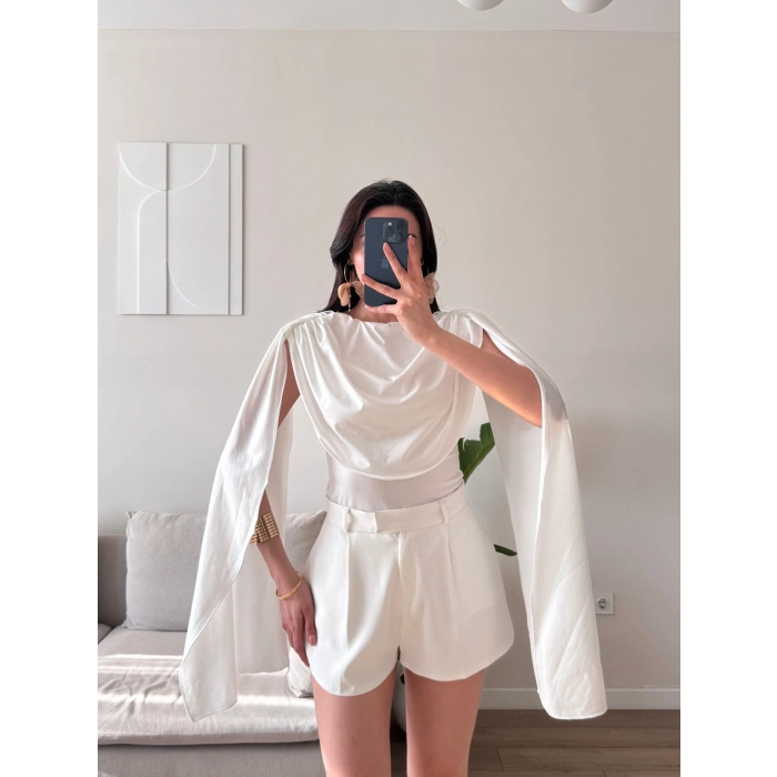 Drapeli Pelerin Bodysuit - BEYAZ