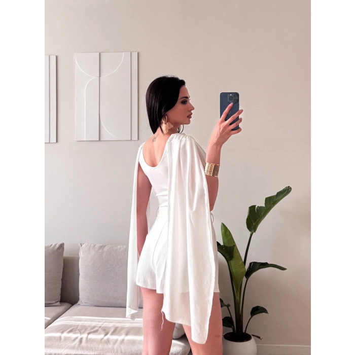 Drapeli Pelerin Bodysuit - BEYAZ