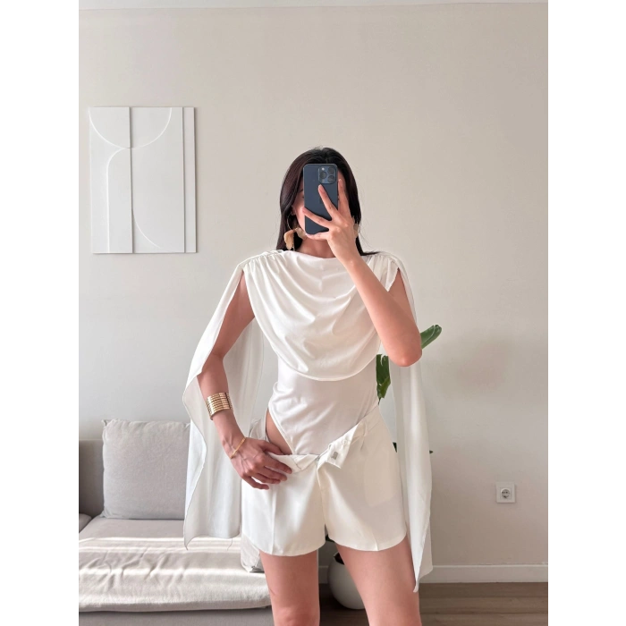Drapeli Pelerin Bodysuit - BEYAZ
