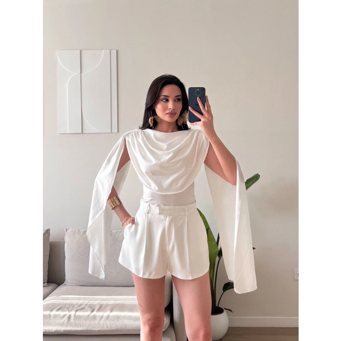 Drapeli Pelerin Bodysuit - BEYAZ