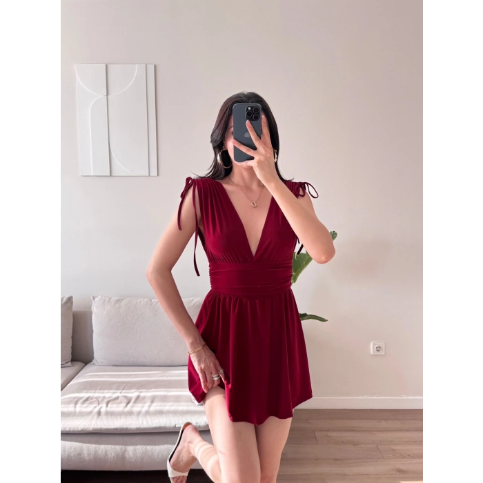 V Yaka Bel Oturtmalı Mini Elbise - BORDO