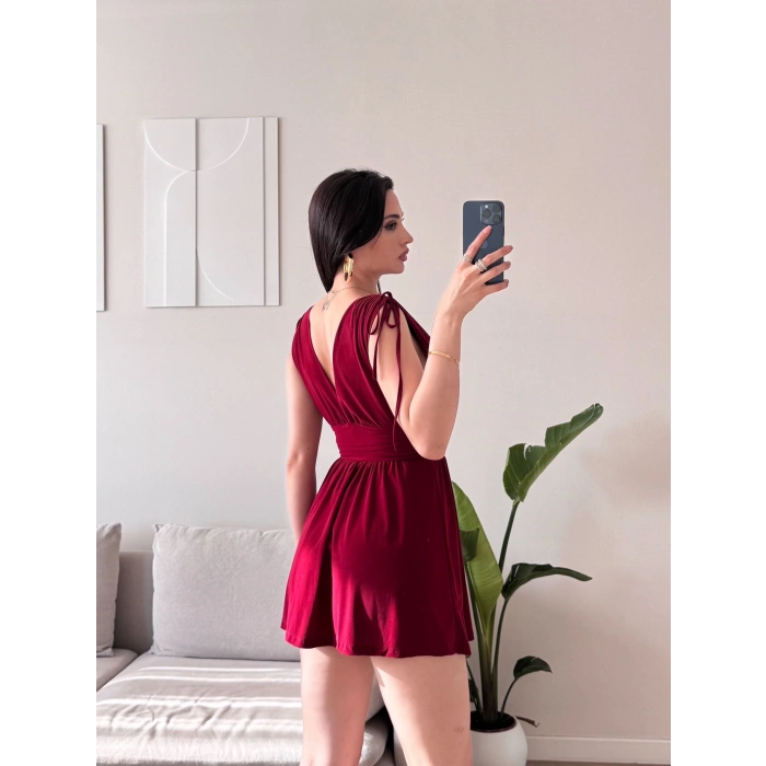 V Yaka Bel Oturtmalı Mini Elbise - BORDO