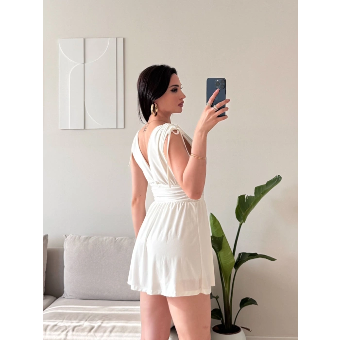 V Yaka Bel Oturtmalı Mini Elbise - BEYAZ