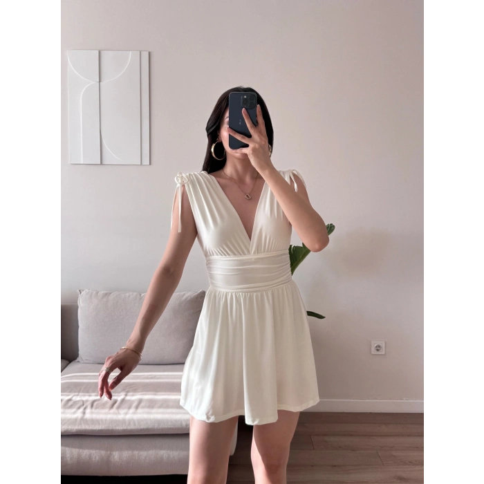 V Yaka Bel Oturtmalı Mini Elbise - BEYAZ