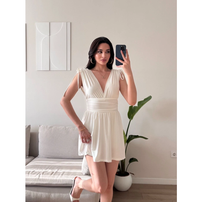 V Yaka Bel Oturtmalı Mini Elbise - BEYAZ