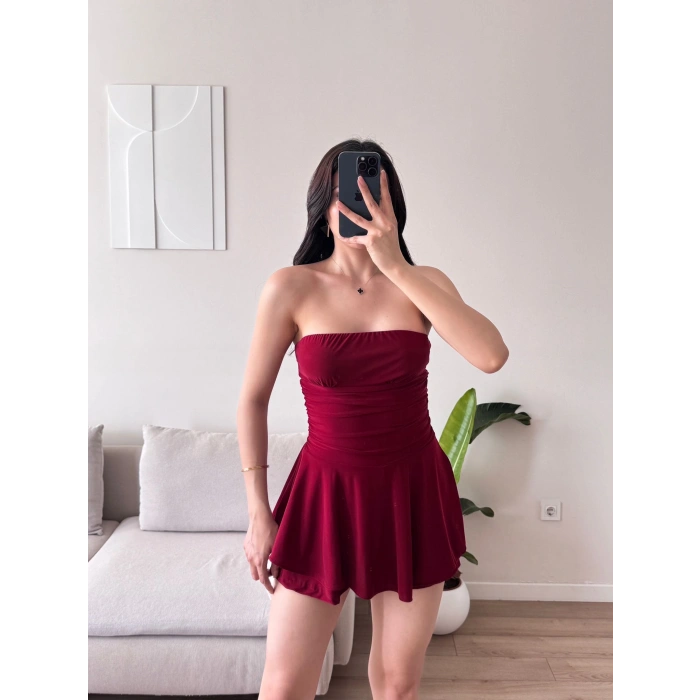 Straplez Volanlı Şortlu Elbise - BORDO