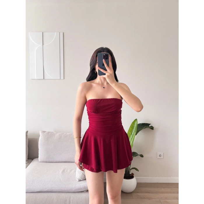 Straplez Volanlı Şortlu Elbise - BORDO