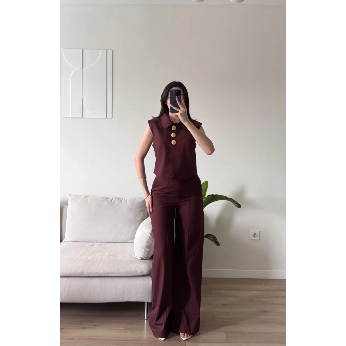 Gold Düğme Yelekli Pantolon Takım - BORDO