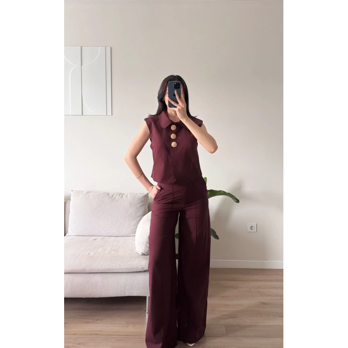 Gold Düğme Yelekli Pantolon Takım - BORDO