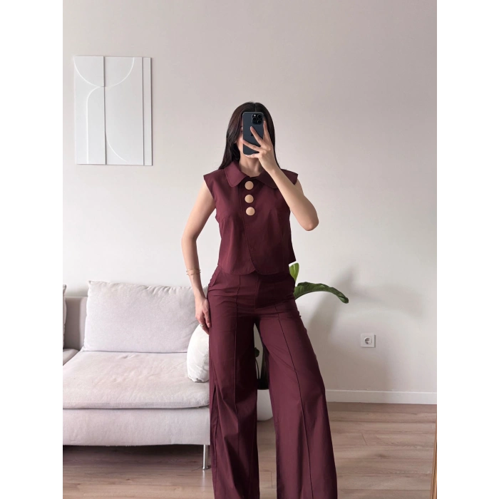 Gold Düğme Yelekli Pantolon Takım - BORDO