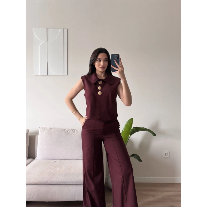 Gold Düğme Yelekli Pantolon Takım - BORDO