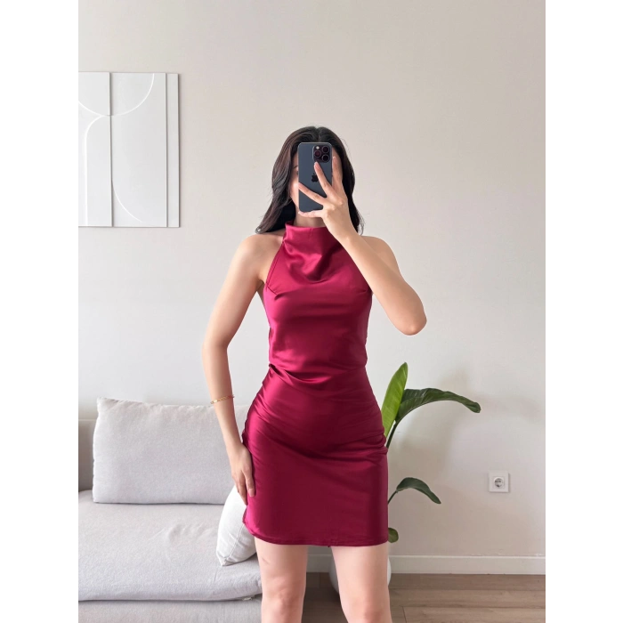 Boyun Geçmeli Saten Elbise - BORDO