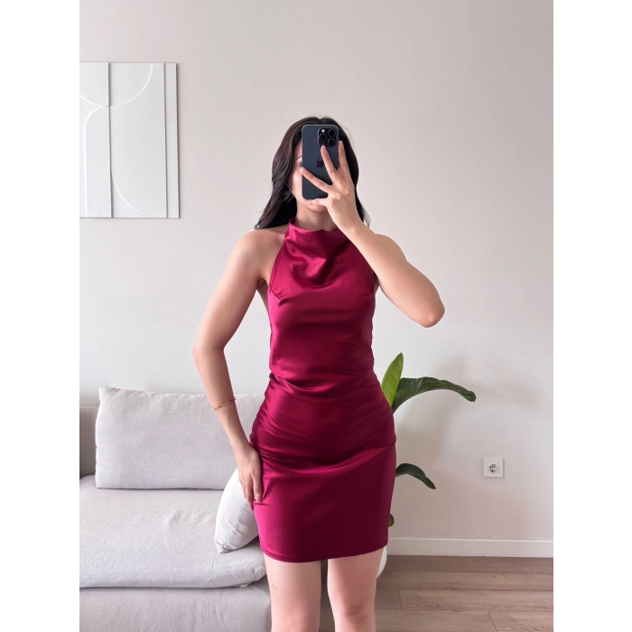 Boyun Geçmeli Saten Elbise - BORDO