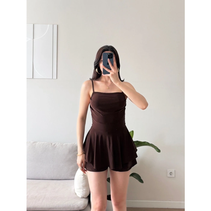 Eteği Volan Şortlu Elbise - KAHVE