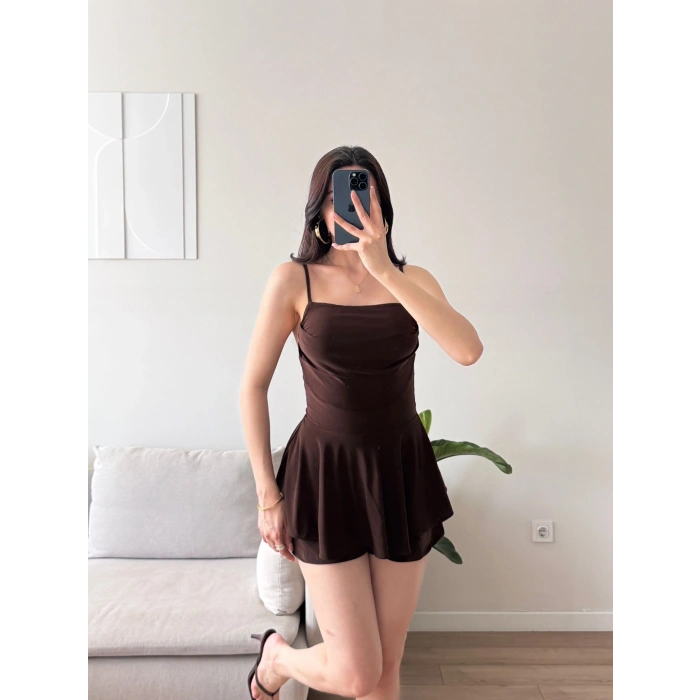 Eteği Volan Şortlu Elbise - KAHVE