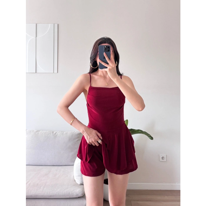 Eteği Volan Şortlu Elbise - BORDO