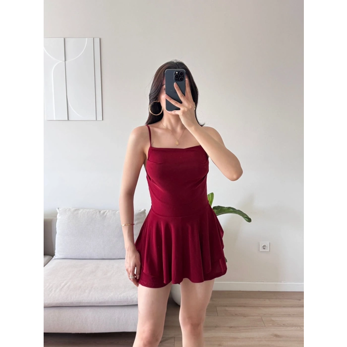 Eteği Volan Şortlu Elbise - BORDO