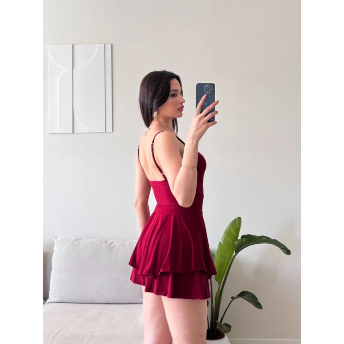 Eteği Volan Şortlu Elbise - BORDO