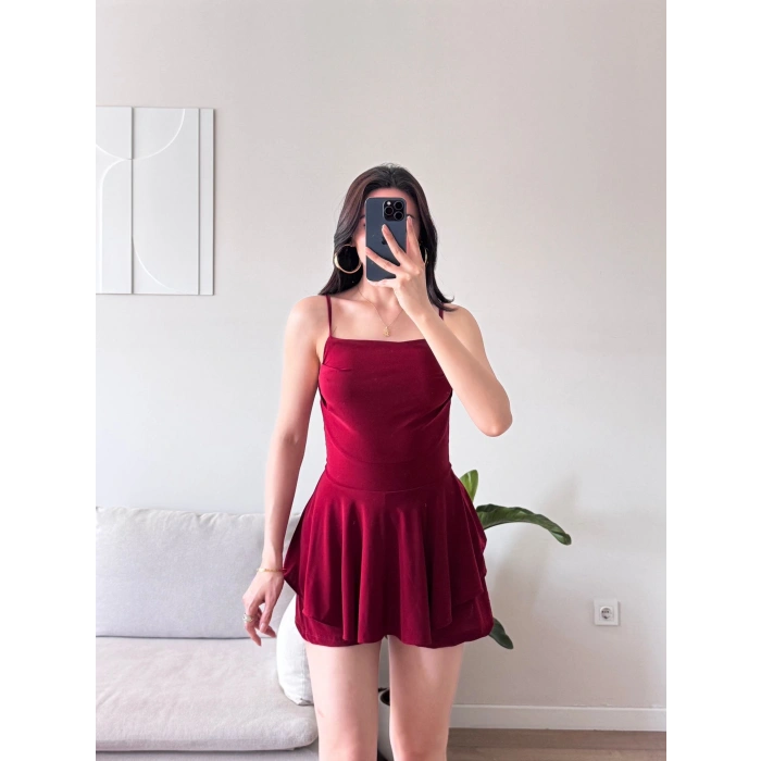 Eteği Volan Şortlu Elbise - BORDO
