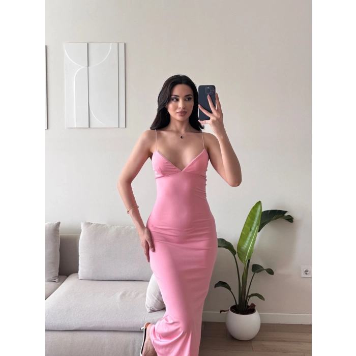 Askılı V Yaka Premium Elbise - PEMBE