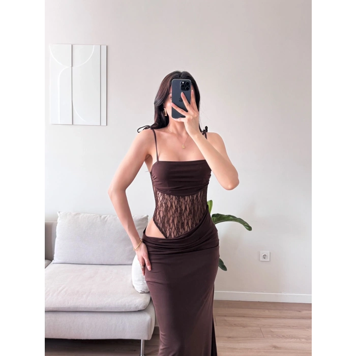 Güpür Korseli Maxi Elbise - KAHVE