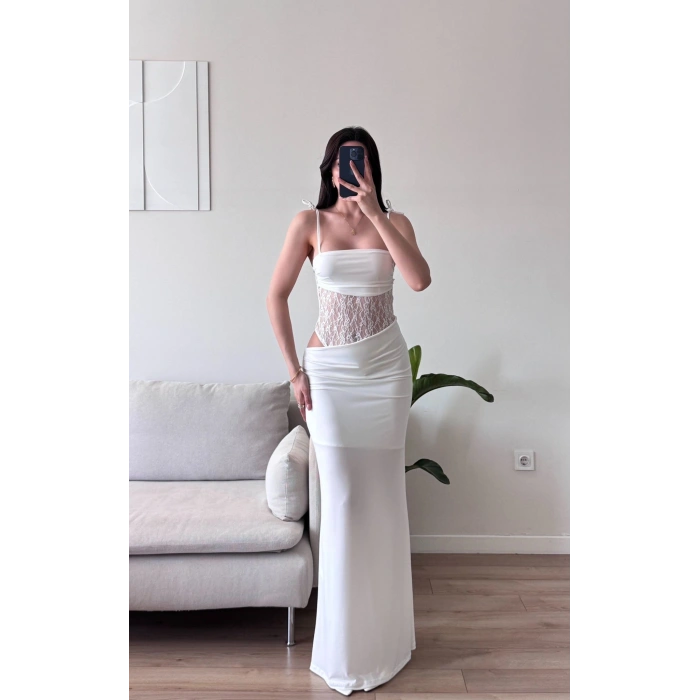 Güpür Korseli Maxi Elbise - BEYAZ