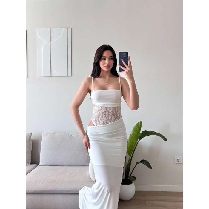 Güpür Korseli Maxi Elbise - BEYAZ